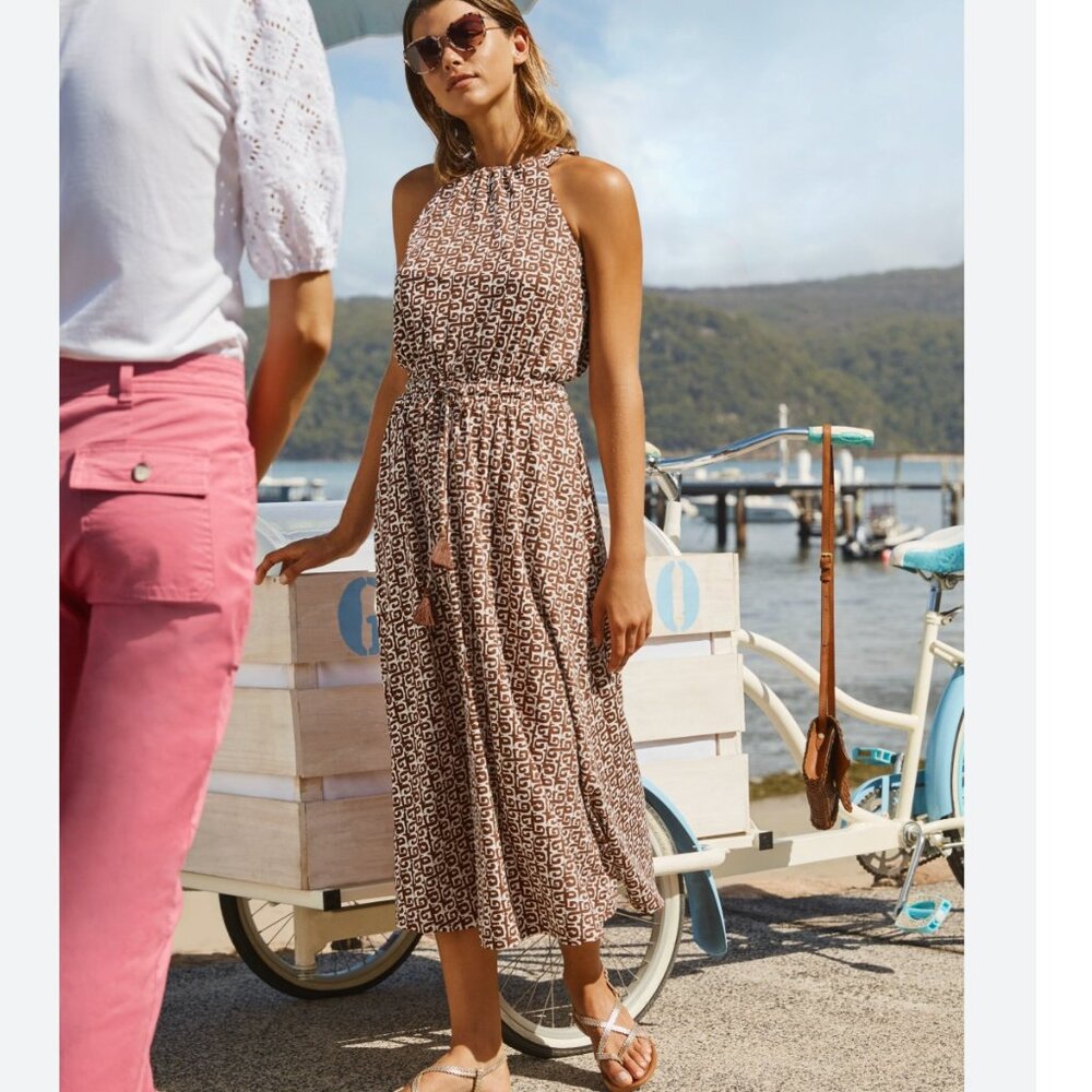 Boden Brown and Cream Printed Halter Midi Dress